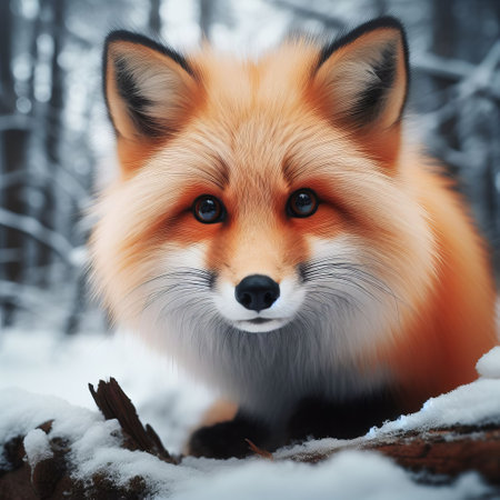 A beautiful fox in a snowy forest, with snow-covered trees in the background and a snow-laden log in the foreground. Its gaze fixed on the cameraの素材