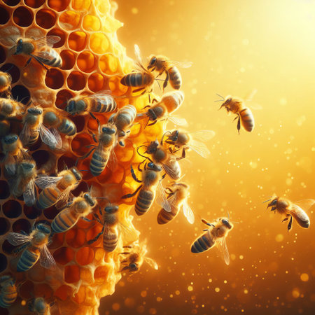 Vibrant swarm of bees busily working on a honeycomb, set against a warm, orange bokeh background with copy spaceの素材