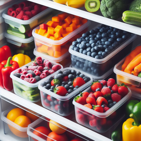Colorful fruits and vegetables are neatly arranged on shelves in the refrigerator. A healthy refrigerator for a healthy personの素材