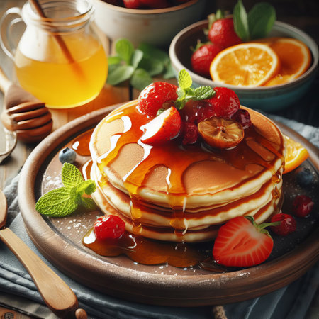 A stack of pancakes with fresh strawberries, raspberries and mint leaves, drizzled with maple syrupの素材