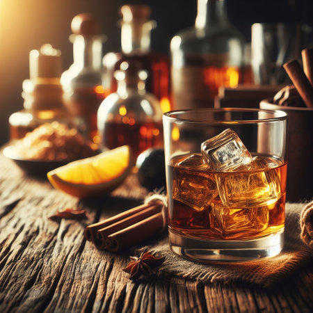 Whiskey in a glass with pieces of ice on a wooden table, bottles and spices in the backgroundの素材