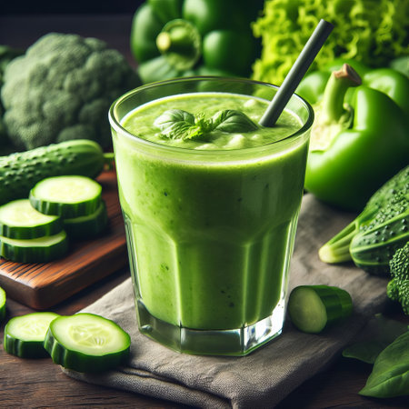 Green smoothie in a glass surrounded by fresh vegetables on a rustic table. Super healthy glass, source of vitamins, minerals and fiberの素材