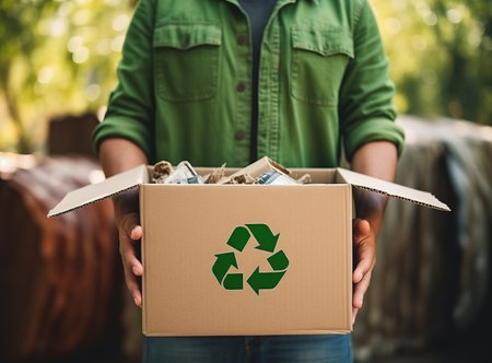 A man holding a cardboard box filled with recyclables. Waste sorting, planet pollution, zero wasteの素材