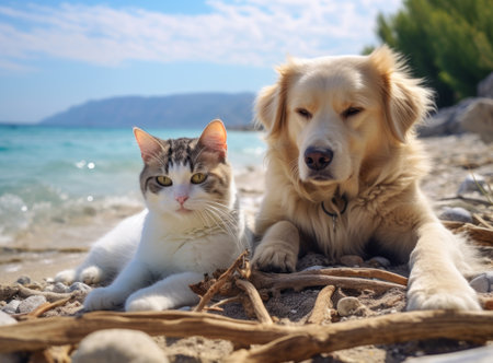 A cat and a dog lying on a beach with a beautiful ocean and mountain view in the backgroundの素材