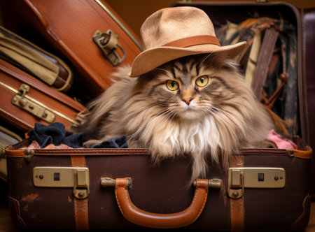 A whimsical cat donning a hat, comfortably nestled in a vintage suitcase amidst a jumble of clothes, ready for an adventureの素材