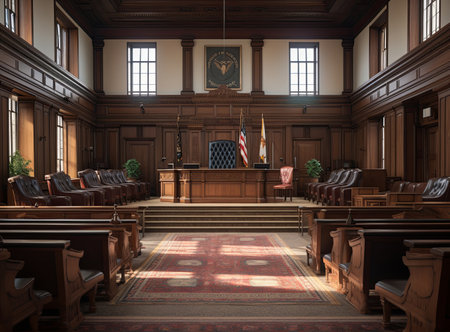 An empty courtroom exuding solemnity, with wooden walls and furniture, an American flag, and a judge's benchの素材