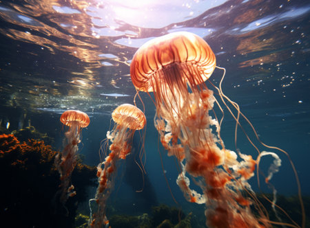 Three orange jellyfish gracefully swimming in the ocean, with a vibrant blue sky and coral reef in the backgroundの素材