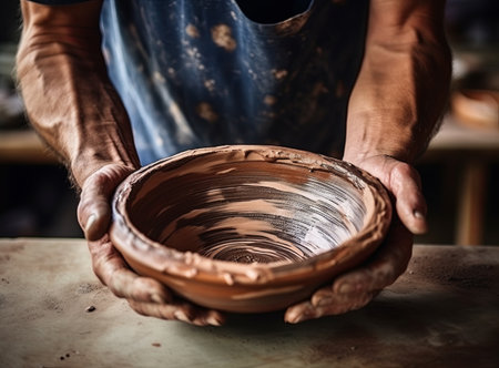 Close-up of a potter's hands, covered in wet clay, holding a freshly made clay bowlの素材