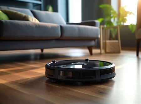 A black robotic vacuum cleaner on a wooden floor, set against the backdrop of a modern living room with a gray sofa and a plantの素材