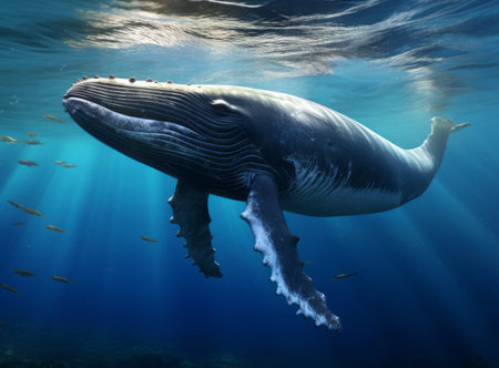 Humpback whale swimming in the ocean with a school of fishの素材