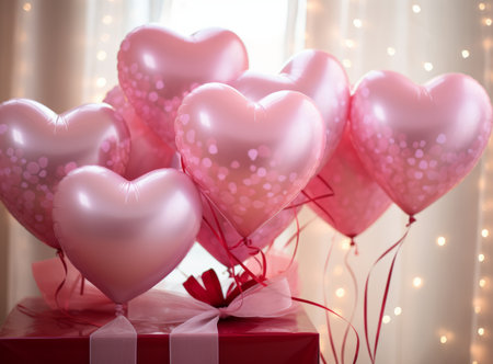 Romantic setting with pink heart-shaped balloons and a gift box with a red ribbon against a window background with white curtains and garlands. Happy and Valentine's Dayの素材
