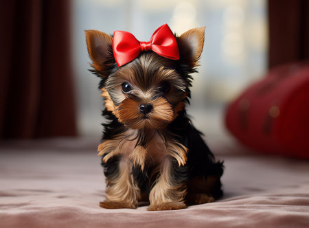 Adorable Yorkshire Terrier puppy with a red bow sitting on a bed, with a blurred backgroundの素材