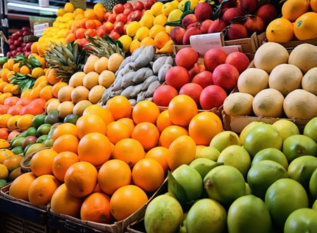 The street stall is a display case with beautifully and neatly arranged colorful fruits. Asian style fruit layoutの素材