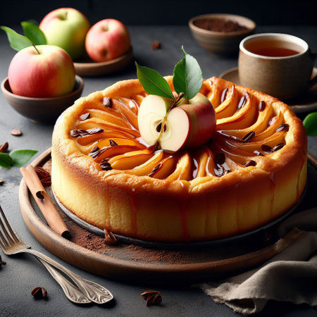 Beautiful apple tart on a wooden plate, garnished with sliced apple and mint, with apples, spices, and tea in the backgroundの素材