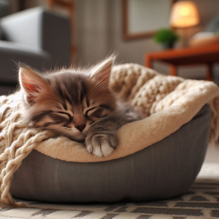 Cute kitten sleeps in his cozy bed in the living roomの素材