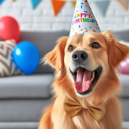Golden retriever dog in party hat and bowtie, balloons in the background. Birthday for animalsの素材