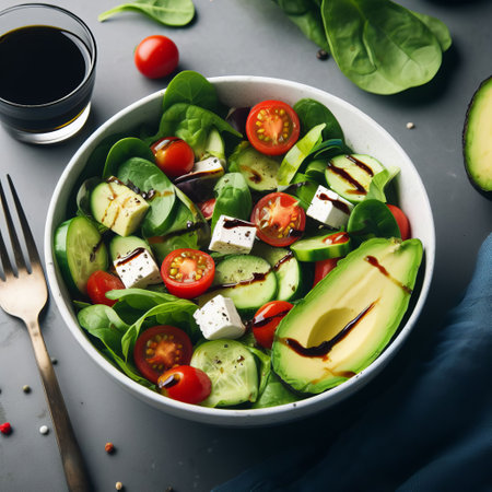 Healthy salad with avocado, cherry tomatoes, feta cheese, and spinach in a white bowl on a gray backgroundの素材