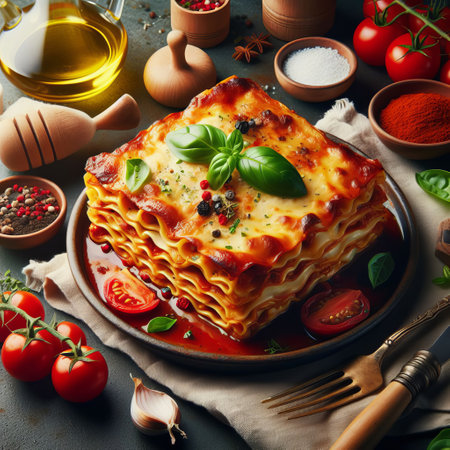 Delicious lasagna dish on a dark background, surrounded by ingredients and cooking utensilsの素材