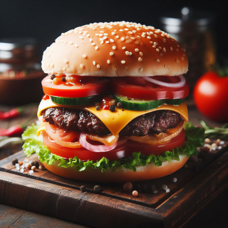 Tempting burger with all the toppings on a wooden board, set against a dark, blurred backgroundの素材