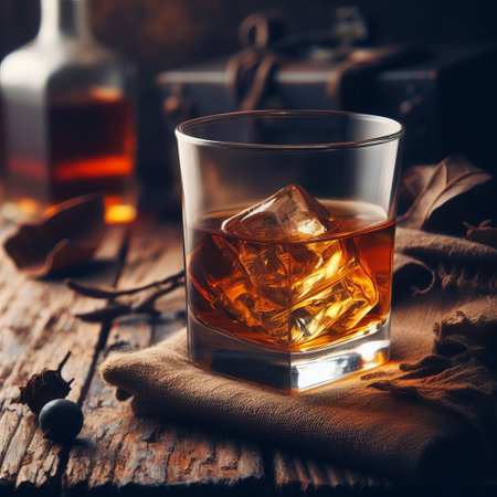 A glass of whiskey with ice on a wooden table and a bottle in the backgroundの素材