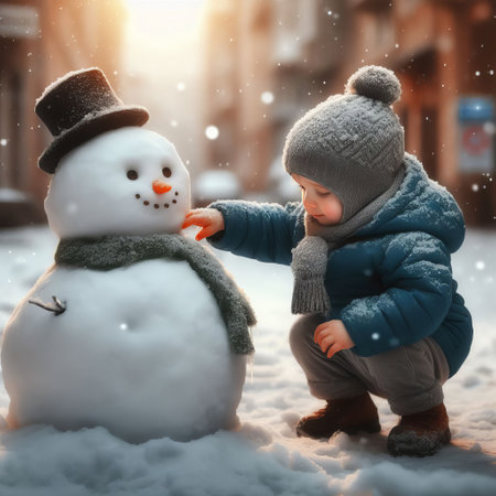 A child in a blue coat touching the nose of a snowman on a snowy street with buildings and lightsの素材