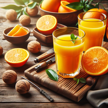 Two glasses of fresh orange juice on a wooden table with oranges, walnuts, and a juicerの素材