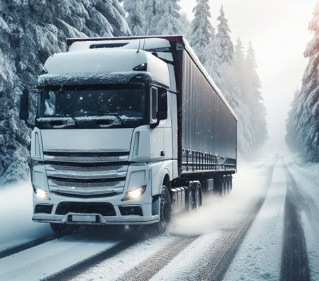 A white truck driving on a snowy road with trees on either sideの素材