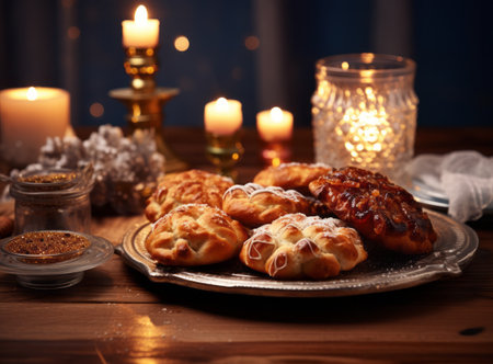 Hanukkah. Cozy and warm environment with a plate of pastries, candles and a jar of sugar on a wooden tableの素材