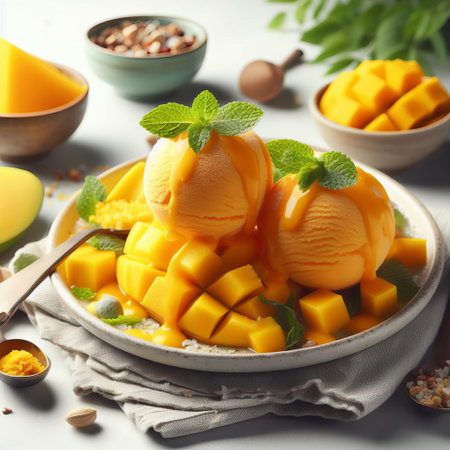 A refreshing bowl of colorful mango ice cream with mint leaves and mango pieces, perfect for quenching your thirstの素材