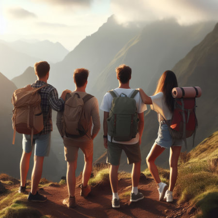 Four friends, bathed in the golden light of sunset, admire a scenic mountain view during their hikeの素材