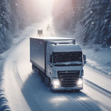 A white truck traverses a snowy road, flanked by snow-laden trees, under a cloudy winter skyの素材