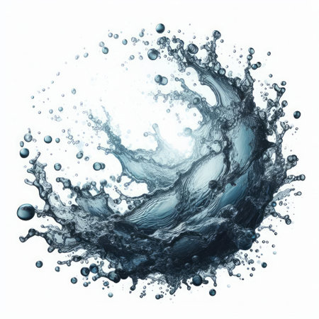 An image of a splash of water on a white background, with the blue water forming a circular shapeの素材