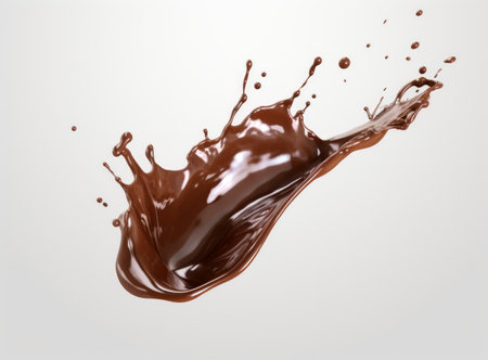 A photo-realistic image of a splash of chocolate milk on a white background, shaped like a wave with droplets flying off in all directionsの素材