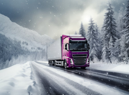 A pink truck driving on a snowy mountain road with trees and mountains in the backgroundの素材