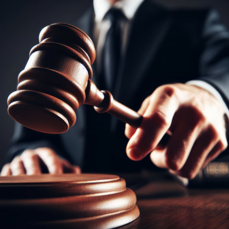 Close-up of a judge's hand holding a wooden gavel, about to strike it on the sound blockの素材