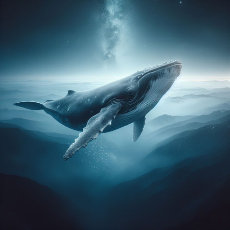A surreal image of a humpback whale floating above a mountainous landscape under a starry skyの素材