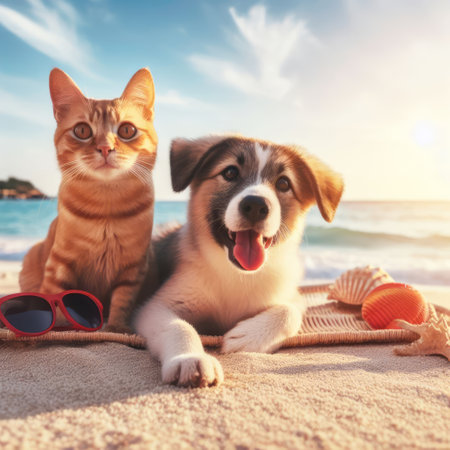Cat and dog sit together on a beach at sunset, surrounded by seashells and sunglasses, depicting friendship and relaxationの素材