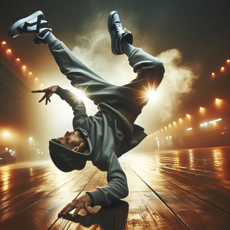 A dynamic image capturing a young man's breakdance performance on a wooden floor, enhanced by dramatic lighting and smoke effectsの素材