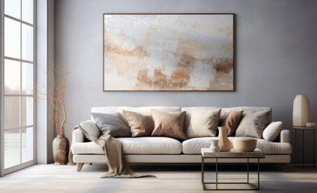 Comfortable white sofa with pillows near coffee table against concrete wall with art poster. Beautiful and cozy mid-century style home interior. Design of minimalist modern scandinavian living roomの素材
