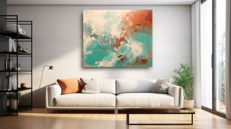 Comfortable white sofa with pillows near coffee table against plaster wall with art poster. Beautiful and cozy mid-century style home interior. Design of minimalist modern scandinavian living roomの素材