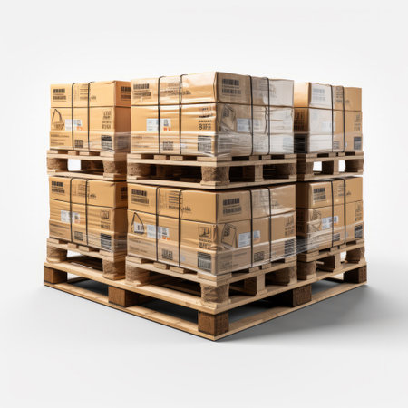 Stack of Cardboard Boxes on Wooden Pallets. Stack of brown cardboard boxes neatly arranged. Pallets are stacked on top of each other against a white background. Concept to storage, shipping, logisticsの素材