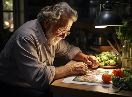 A heartwarming image of an elderly man, sitting at a table with a lamp and a pile of fresh vegetables, nostalgically looking at a hand drawn imageの素材
