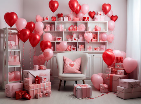 Home decor for valentine's day with balloons, postcards and gift boxes. Cozy Valentine interior room have white armchair with pillowの素材
