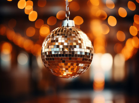 A captivating image of a disco ball hanging from the ceiling, reflecting the blurred orange lights in the backgroundの素材