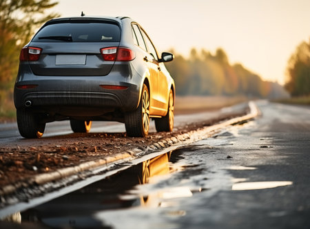 A car parked by a road, reflected in a puddle, with autumn trees in the background at sunrise or sunsetの素材