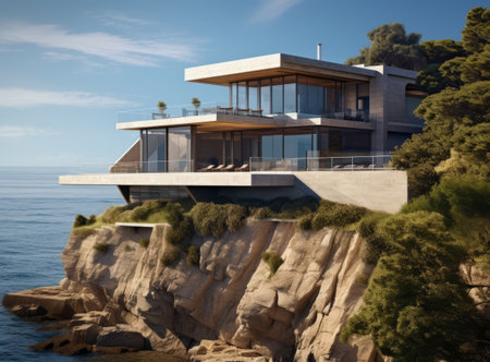 Luxury beach house with sea or ocean view swimming pool. Modern cottage on the mountain above the cliff into the abyss. Contemporary holiday villa exterior against the background of sky and waterの素材