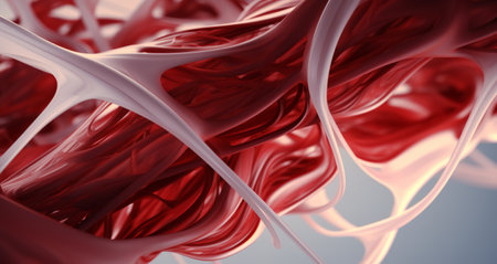 Colored acrylic paints in water - magic blood-red cloud of ink on a blue background. Awesome cosmic abstract watercolor background. Drops of red ink in liquid - wallpaper for desktopの素材