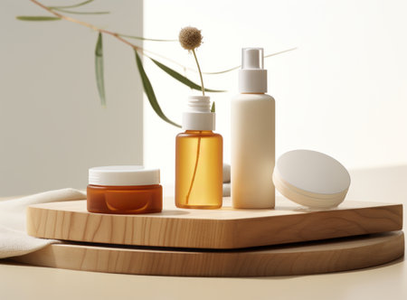 Unobtrusive background with cosmetic jars, and plant. Showcase, podium, stand for advertising and product presentation. Mock up for exhibitions aromatherapy cream - relaxation and health conceptの素材