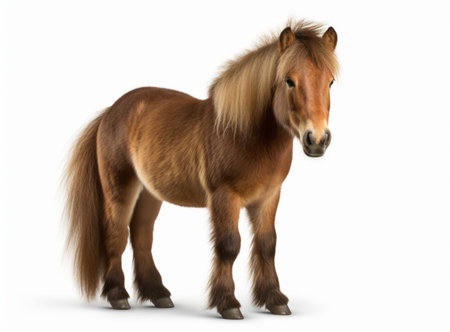 A cute brown pony with a white mane and tail standing in profile on a white backgroundの素材