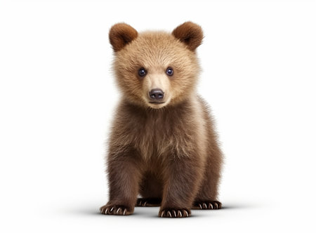 A photo-realistic image of a baby bear standing on all fours against a white backgroundの素材